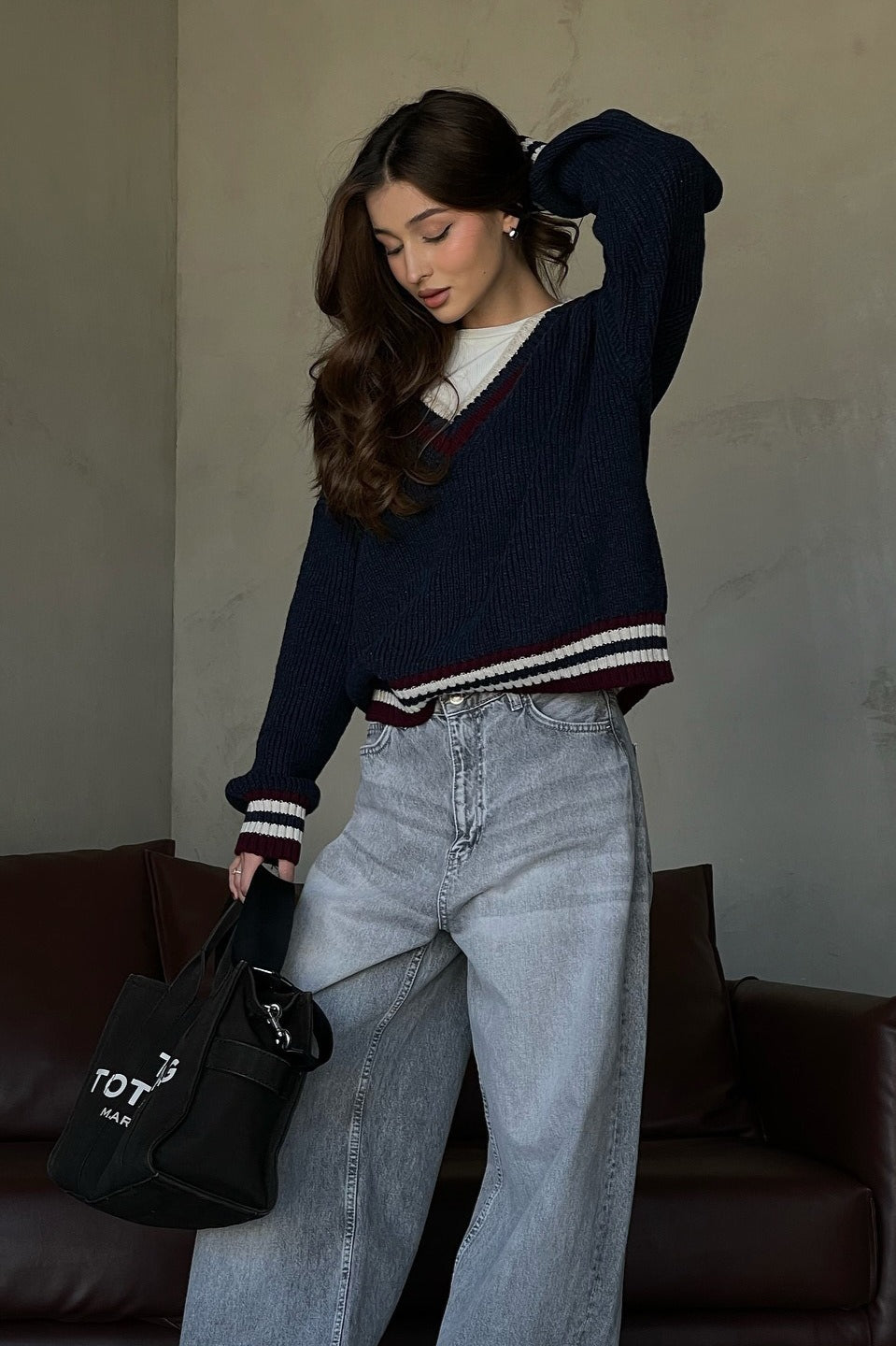 Casual Striped Color Block V-Neck Loose Knit Sweater