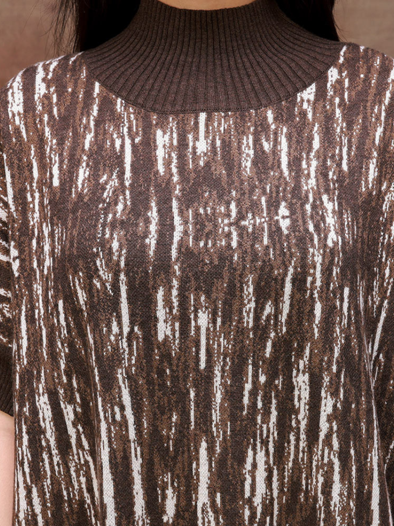 Mock Neck Abstract Print Short Sleeve Loose Knit Midi Dress 9