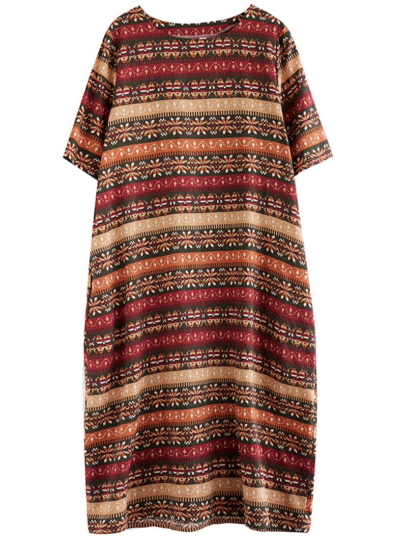 Round Neck Short Sleeve Ethnic Striped Loose A-Line Midi Dress