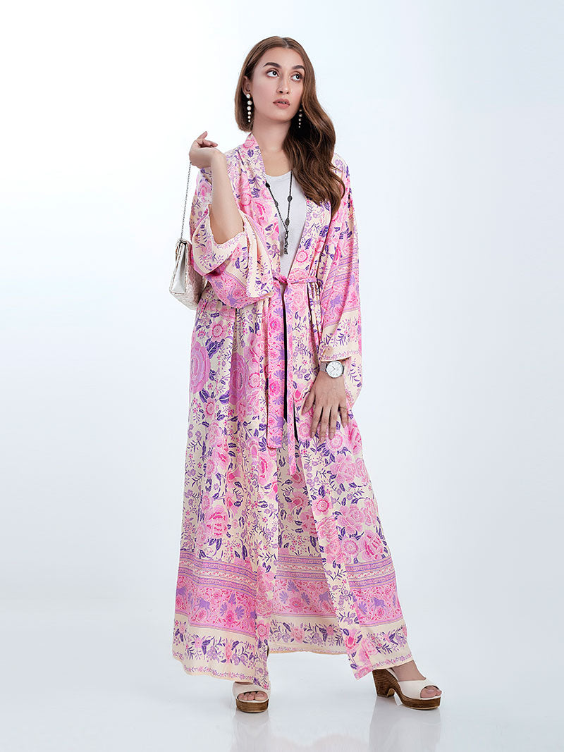 Pink Floral Print Border Trim Wide Sleeve Long Kimono