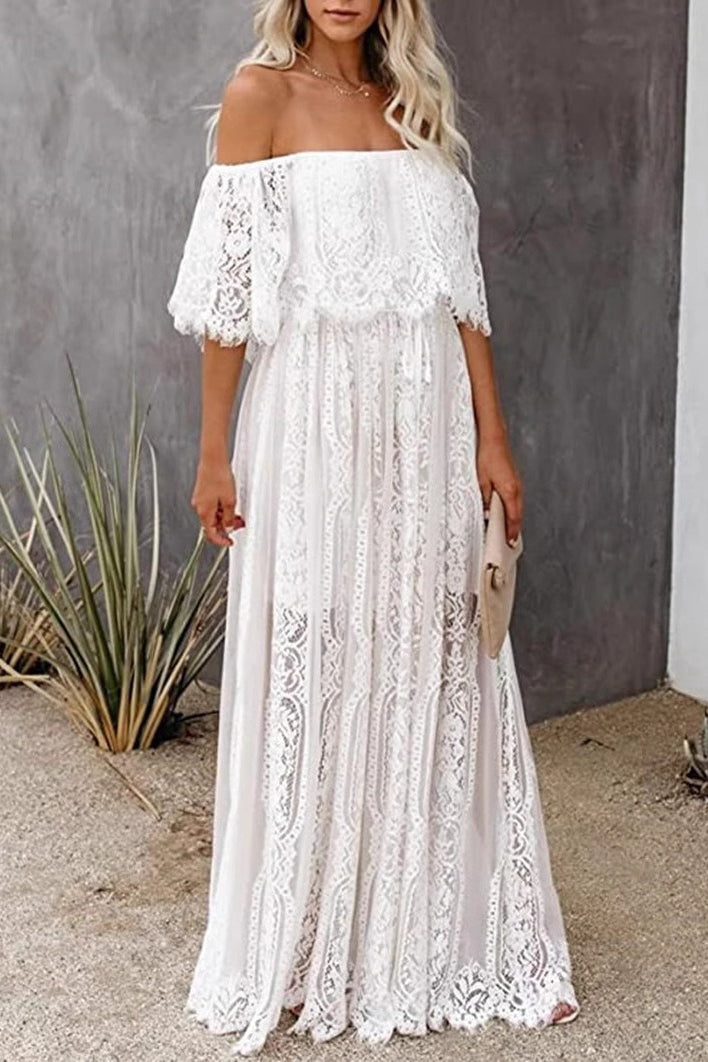 White Off Shoulder Ruffle Overlay Lace Panel Sheer Hem Maxi Dress 3
