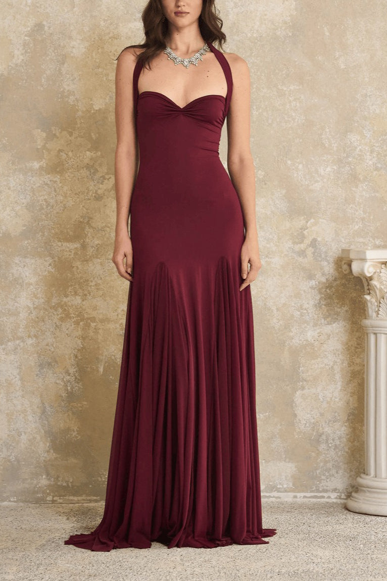 Elegant Halter Bandeau Fitted Backless Floor Length Party Dress