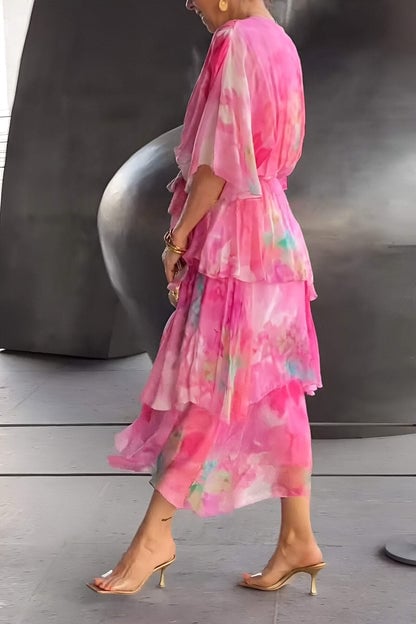 V-Neck Flutter Sleeve Watercolor Floral Tie Waist Tiered Maxi Dress