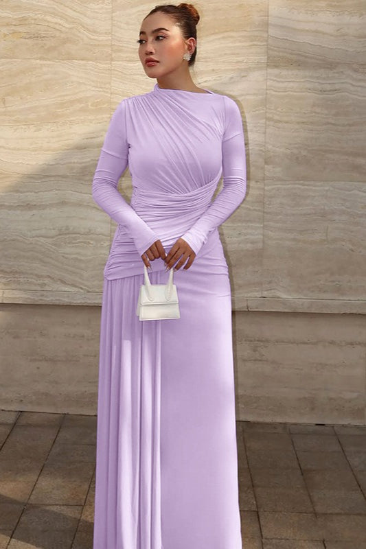 Solid Crew Neck Long Sleeve Ruched Party Dress
