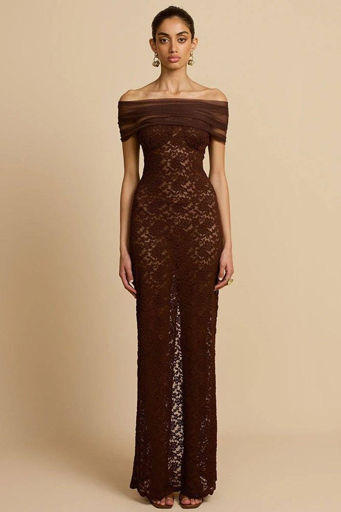 Lace See-Through Off-Shoulder Fishtail Party Dress