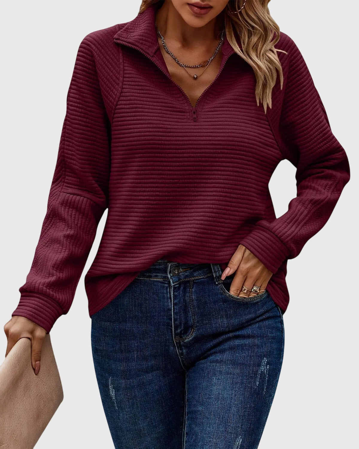 Quarter Zip Collar Long Sleeve Ribbed Textured Pullover Sweatshirt