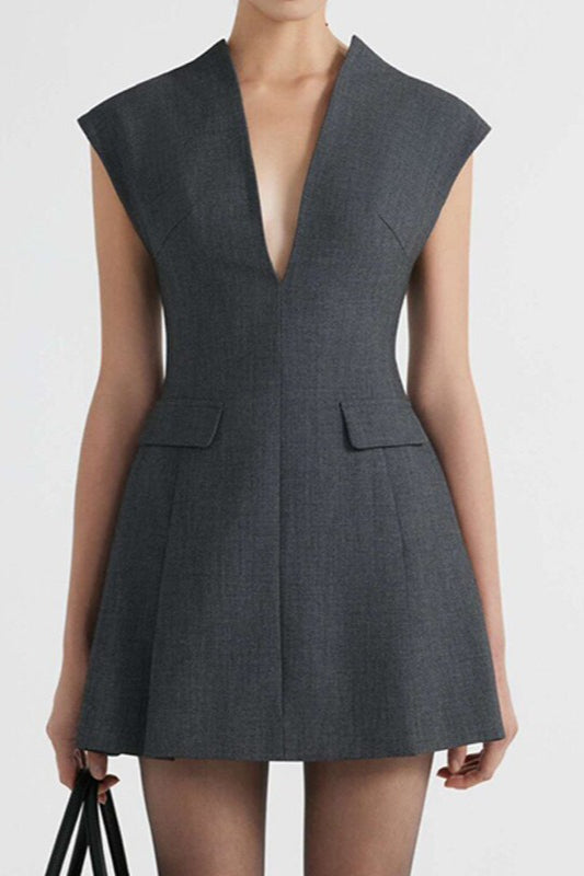 Solid V Neck Slim A Line Elegant Work Dress