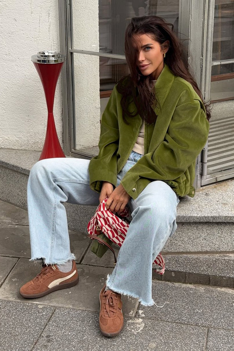 Retro Green Velvet Loose Collared Varsity Jacket