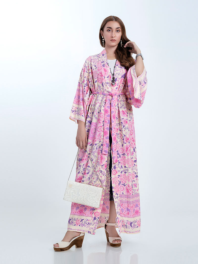 Pink Floral Print Border Trim Wide Sleeve Long Kimono