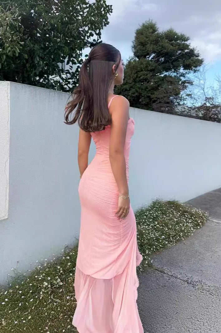 Lace Cutout Mesh Spaghetti Strap Asymmetrical Party Dress