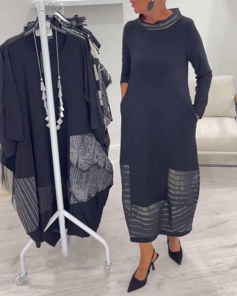 Black Cowl Neck Three-Quarter Sleeve Sheer Striped Hem Cocoon Midi Dress 5