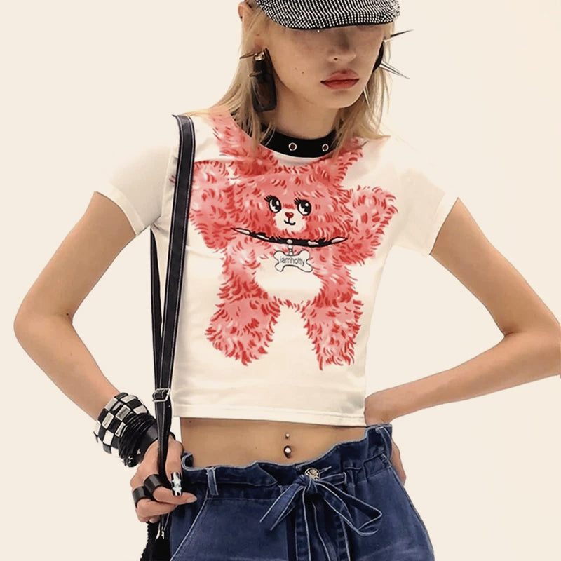 White Short Sleeve ONeck Patchwork Crop Top