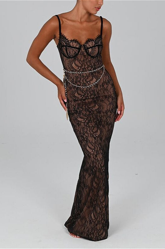 Lace Cami Ruched Maxi Party Dress