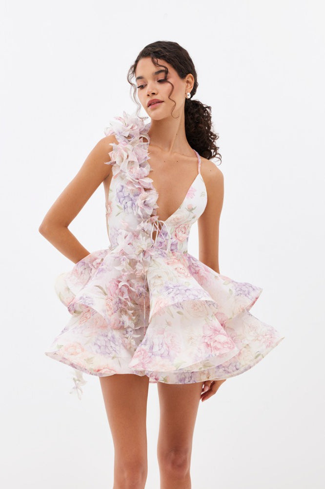 Deep V Neck Asymmetric Ruffle Tiered Oversized Floral Print Mini Dress 3