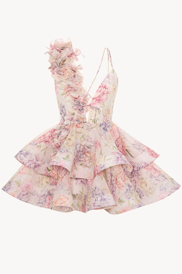 Deep V Neck Asymmetric Ruffle Tiered Oversized Floral Print Mini Dress 10