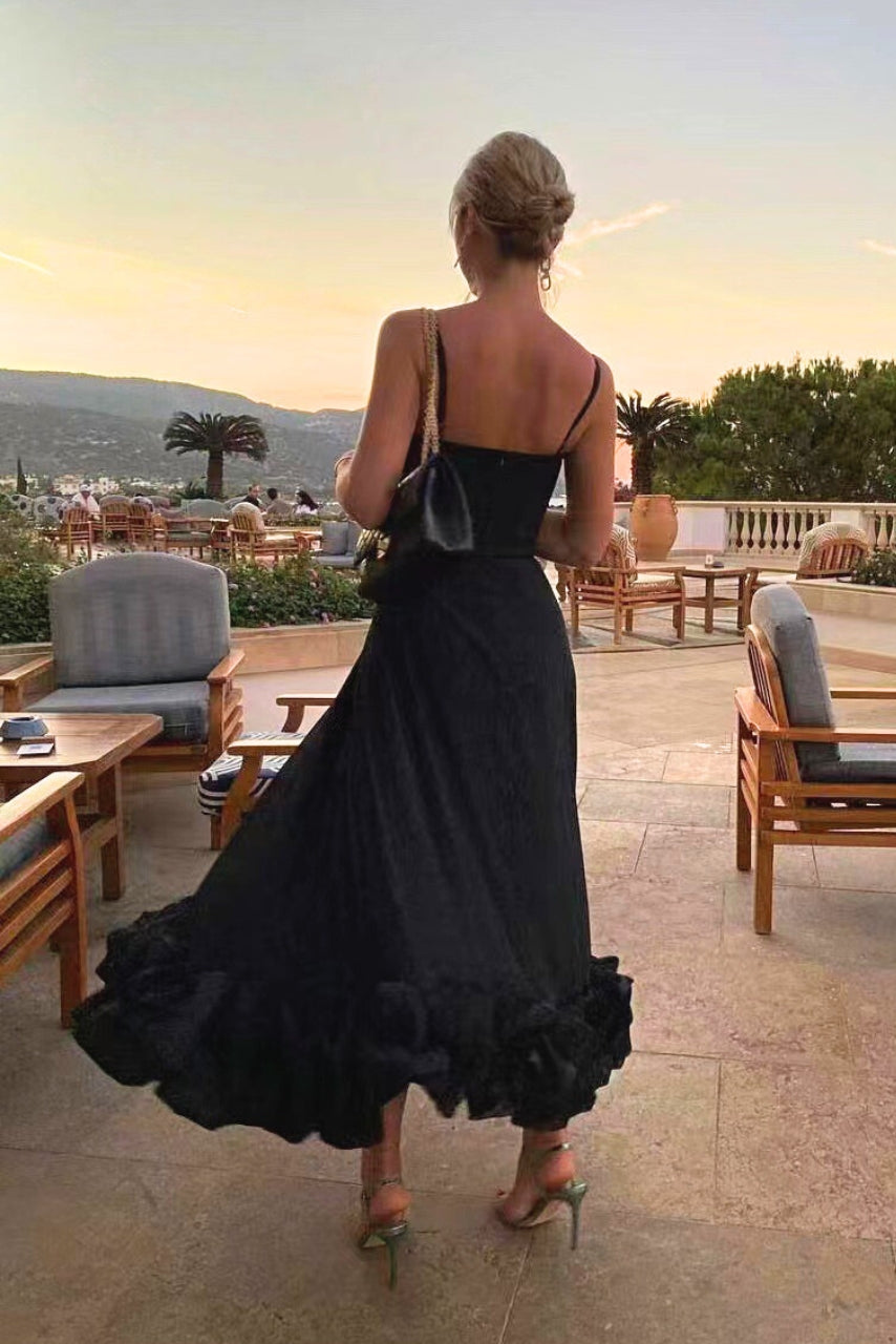 Scoop Neck Spaghetti Strap Ruffle Hem A-Line Midi Dress