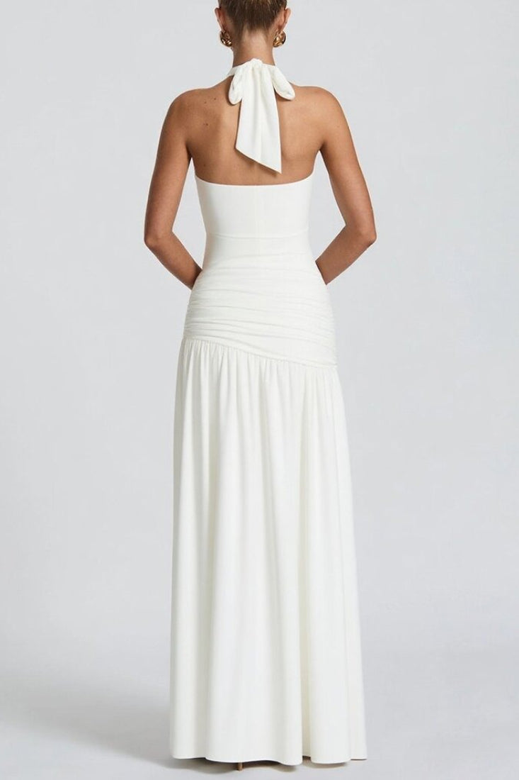 Halter Deep V Neck Seashell Hardware Ruched High Slit Maxi Dress 3