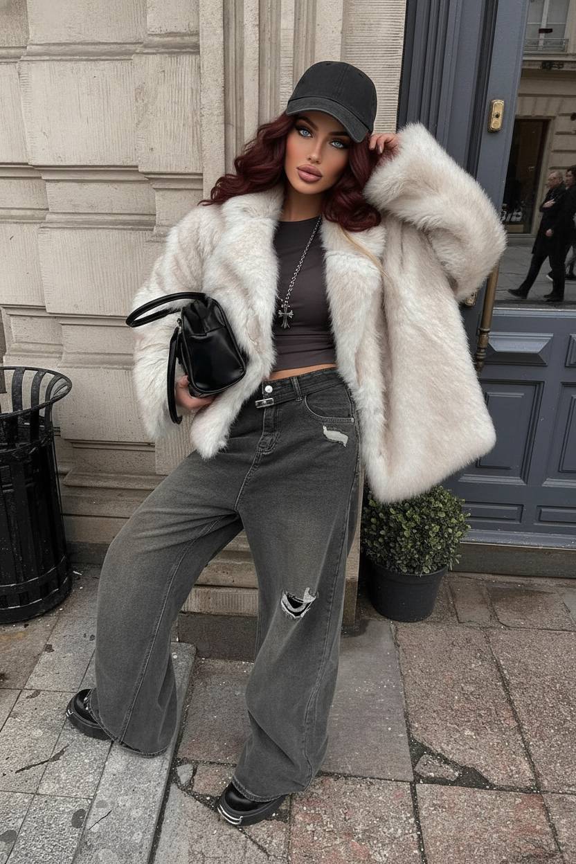 White TipDyed Faux Fox Fur MidLength Coat