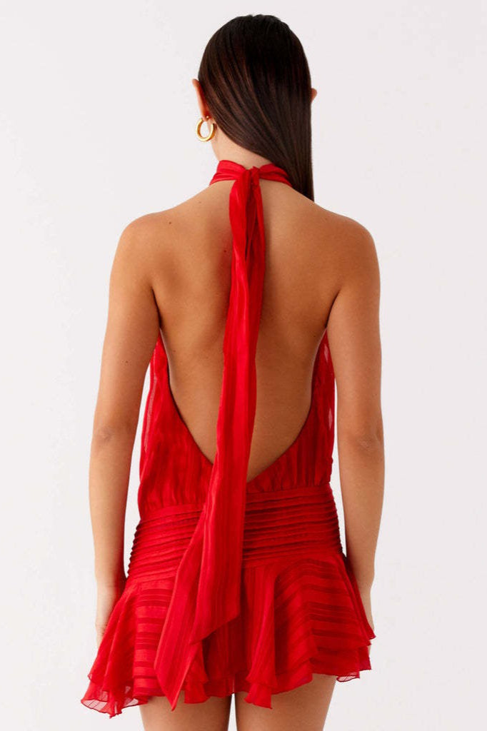Halter Neck Pleated Collar Drop Waist Ruffle Flounce Mini Dress 14