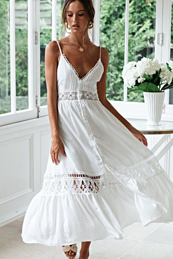 White Deep V Neck Crochet Lace Insert Button Front Ruffle Hem Midi Dress