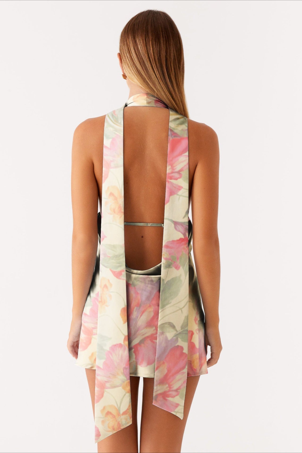 Halter Choker Deep V Neck Asymmetric Hem Watercolor Floral Print Mini Dress 2