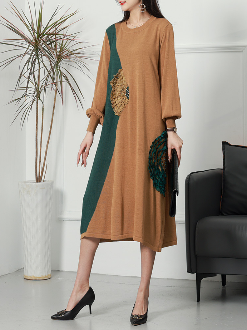Round Neck Colorblock Lace Applique Long Sleeve Loose Midi Dress 10