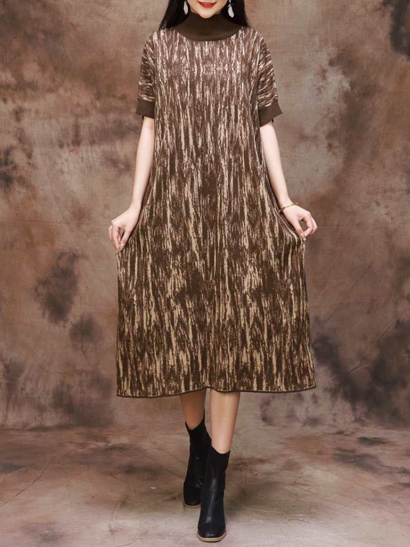 Mock Neck Abstract Print Short Sleeve Loose Knit Midi Dress 11