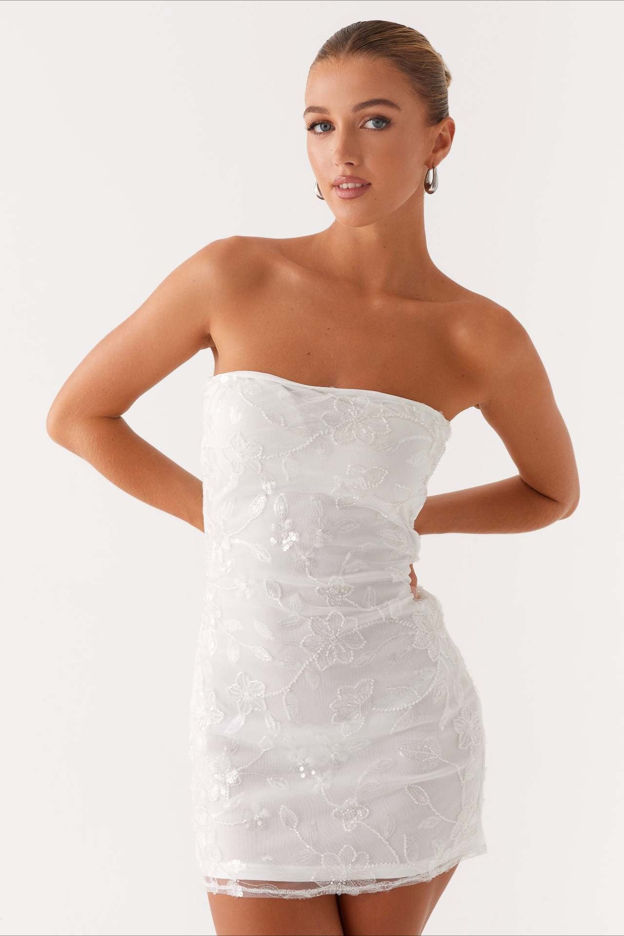 Strapless Sequin Floral Embroidered Mesh Bodycon Mini Dress 13