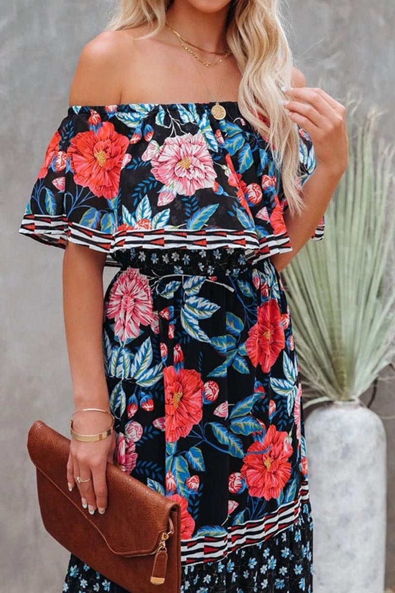 Elegant Tube Top Trendy Three-Color Printed Maxi Dress Black / S