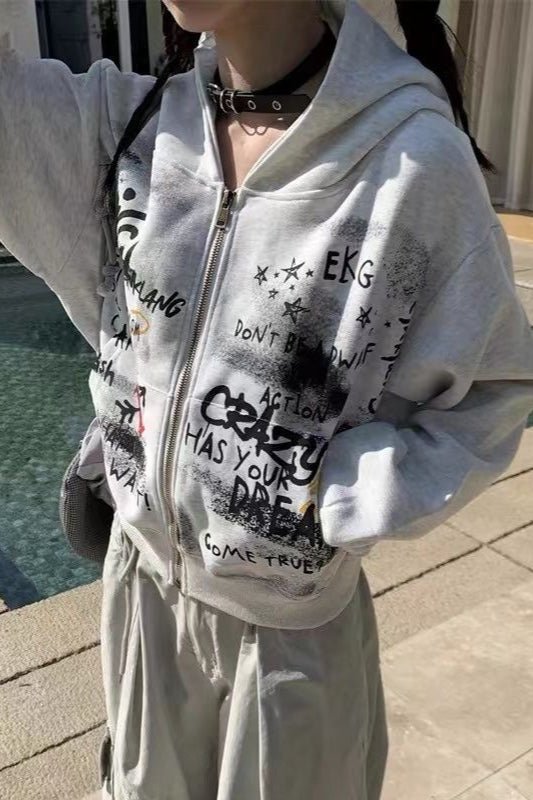 Gray Graffiti Hooded ZipUp Cropped Hoodie