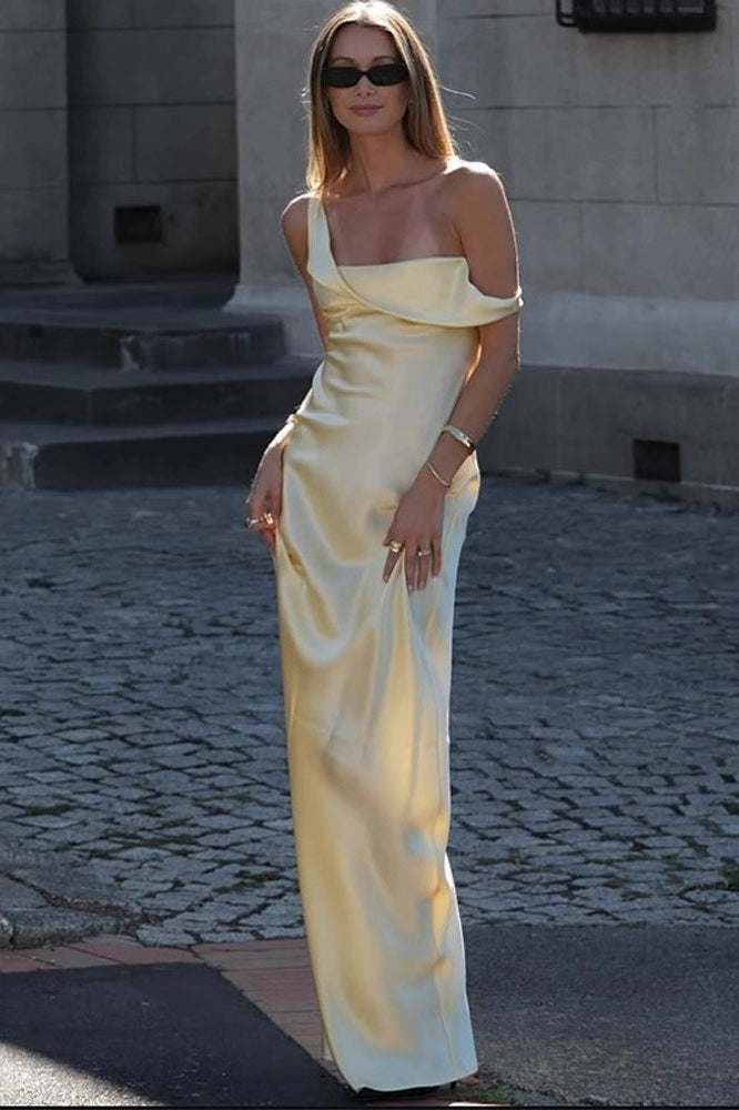 Solid Color Asymmetrical Shoulder Backless Strapless Formal Dress