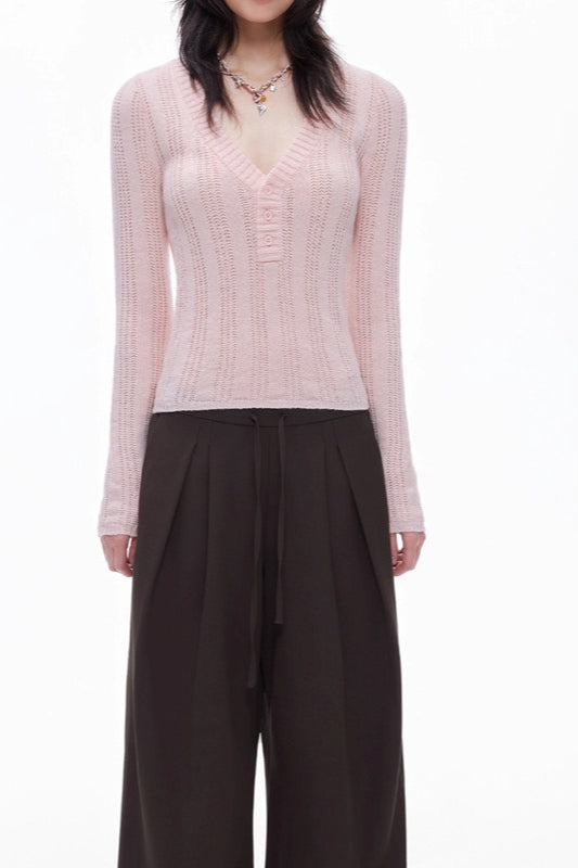 Openwork Wool Blend VNeck Knit Top