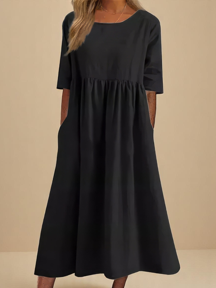 Round Neck Half Sleeve Empire Waist Pleated Pocket Midi Dress