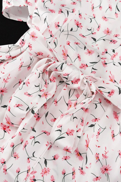 V Neck Tie Waist Short Sleeve Shirt Floral Dress