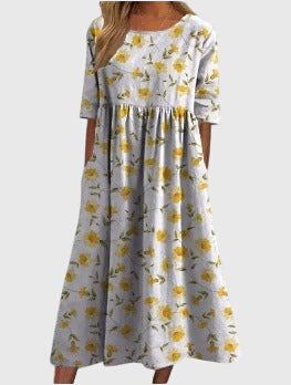 Round Neck Floral Print Short Sleeve Empire Waist A-Line Midi Dress