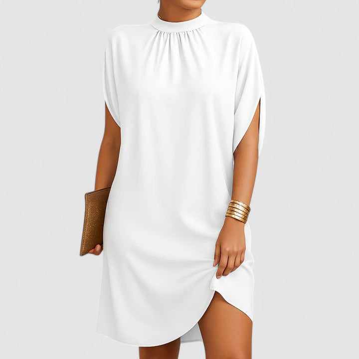 Mock Neck Gathered Cape Sleeve Curved Hem Shift Mini Dress