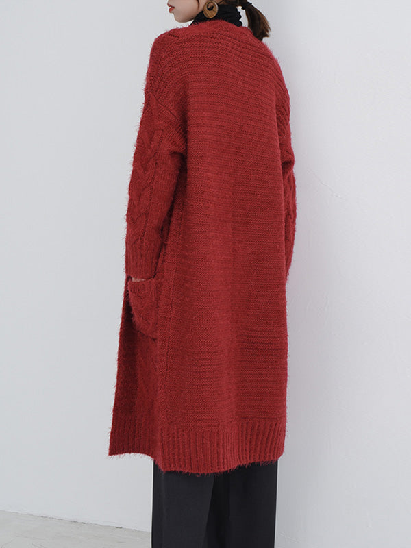 Open Front Cable Knit Fuzzy Longline Pocket Cardigan 4