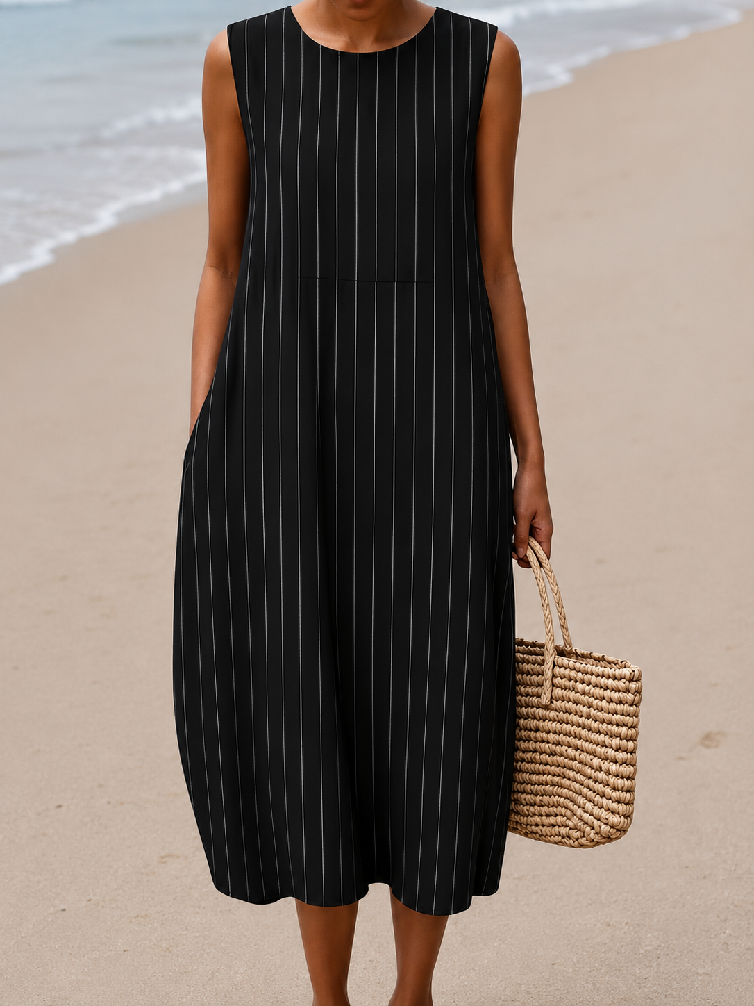 Round Neck Sleeveless Pinstripe Print Cocoon Shift Midi Dress