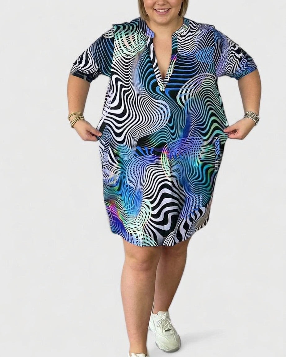 Notch V-Neck Abstract Swirl Print Short Sleeve Shift Midi Dress