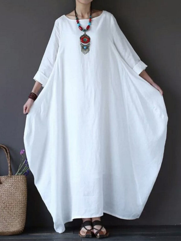 Round Neck Long Sleeve Linen Loose Cocoon Maxi Dress