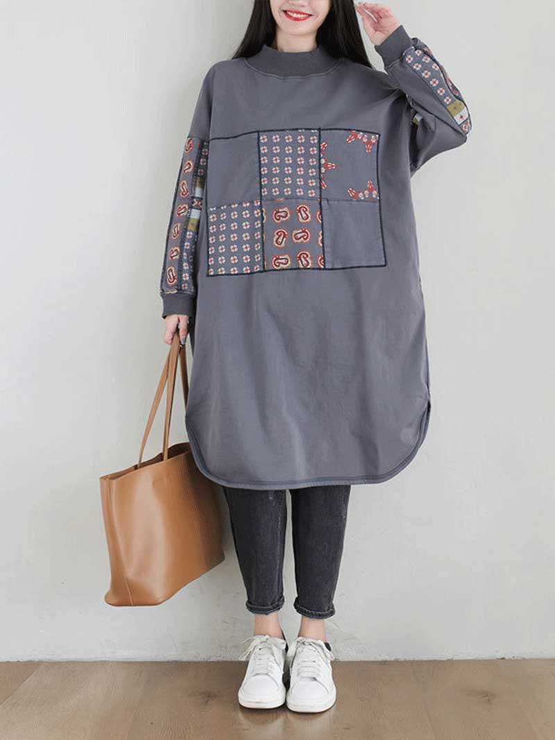Mock Neck Patchwork Print Long Sleeve Loose Midi Dress