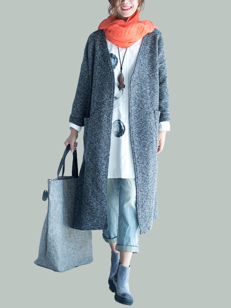 Open Front Long Sleeve Patch Pocket Knit Longline Cardigan