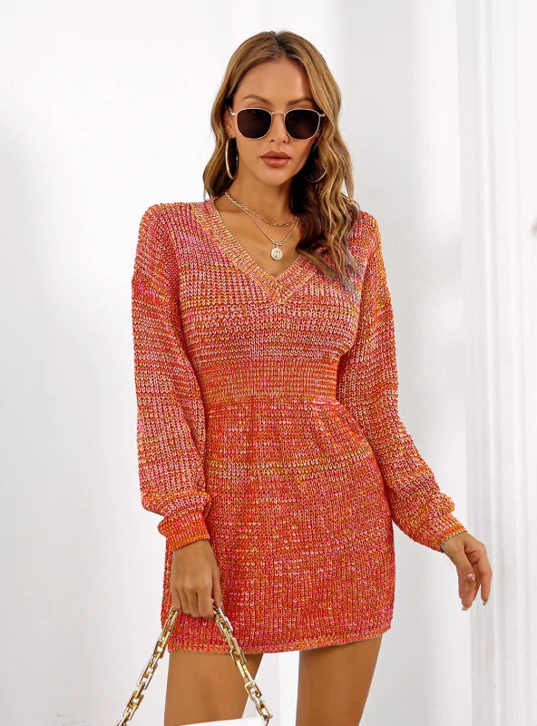 Colorful V-Neck Lantern Sleeve Sweater Dress S / Green