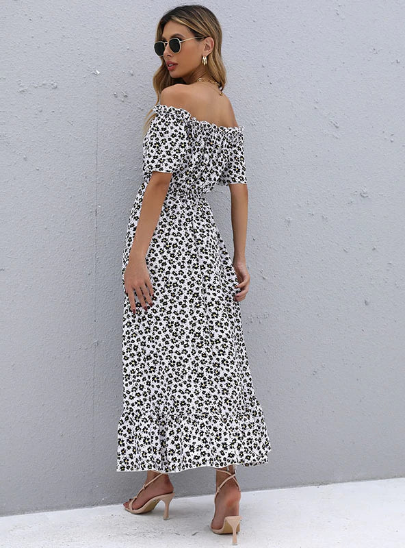 Short-Sleeve Printed Dress With Irregular Pattern S / Black Print Dress