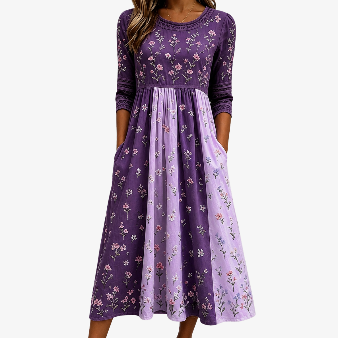 Round Neck Lace Trim Ditsy Floral Three-Quarter Sleeve A-Line Midi Dress