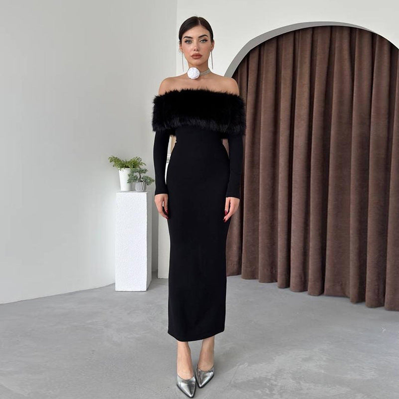 Onyx Fur Midi Dress Black