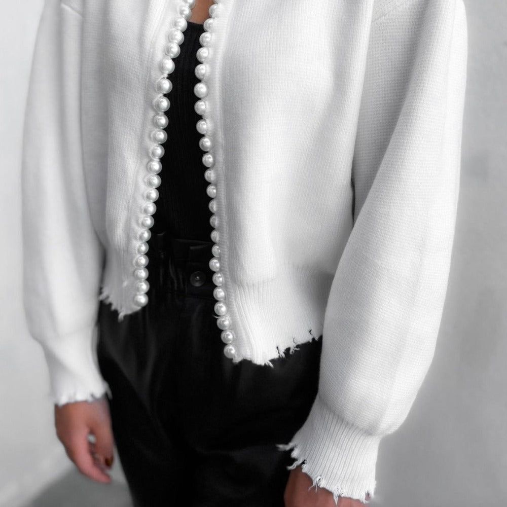 Round Neck Pearl Trim Long Sleeve Knit Cardigan