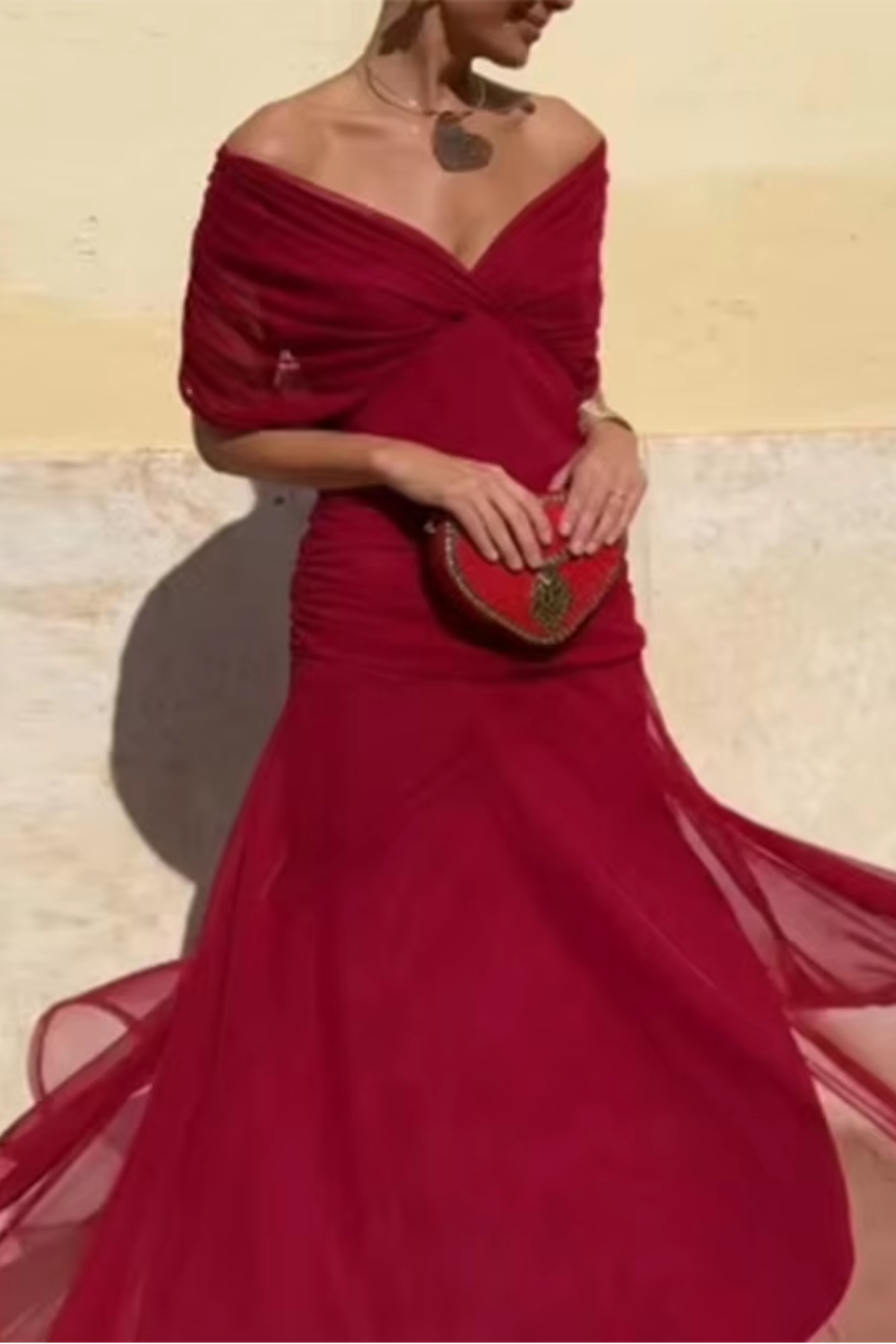 V-Neck Wrap Ruched Mesh Flutter Sleeve Flowing Maxi Dress