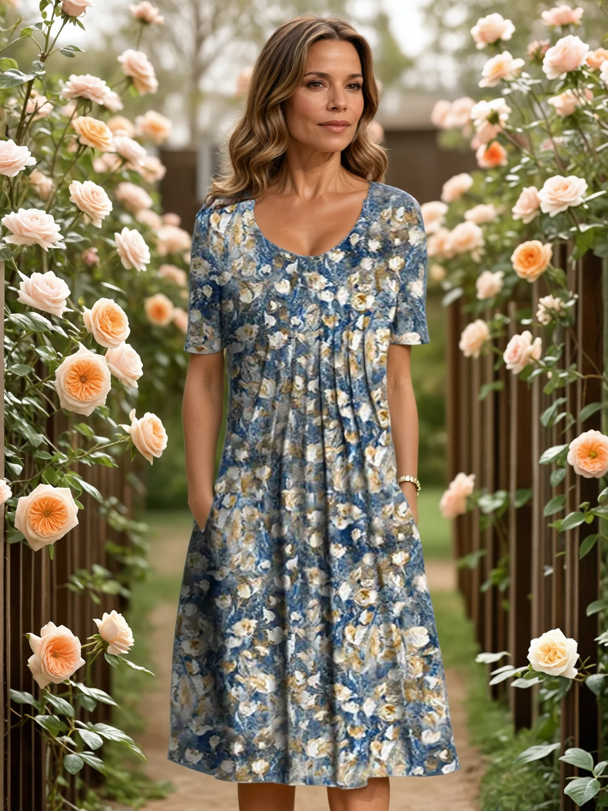 Scoop Neck Short Sleeve Wildflower Floral Pleated A-Line Midi Dress 3