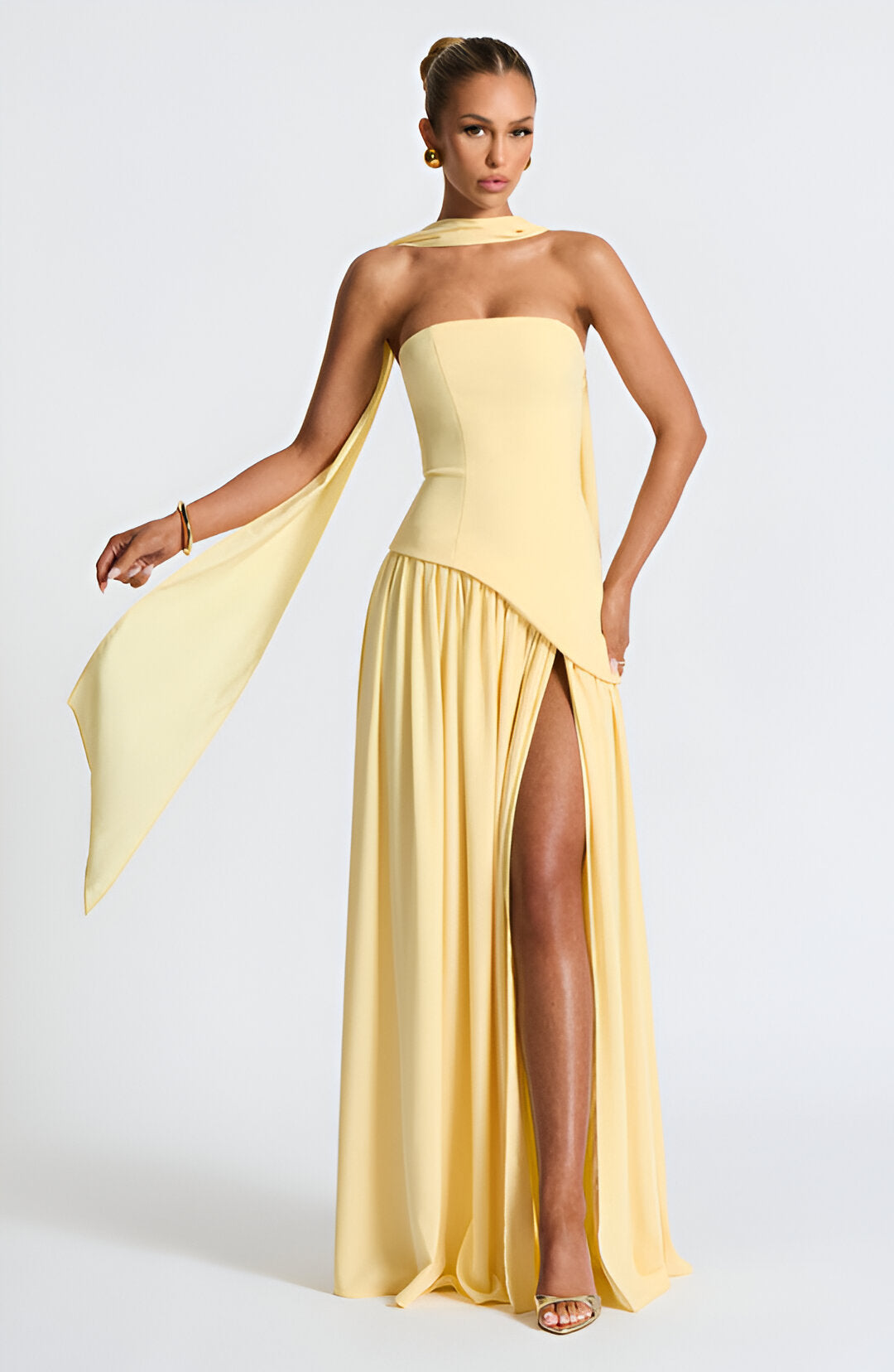 Strapless Neck Scarf Asymmetric High Slit Flowy Maxi Gown 4